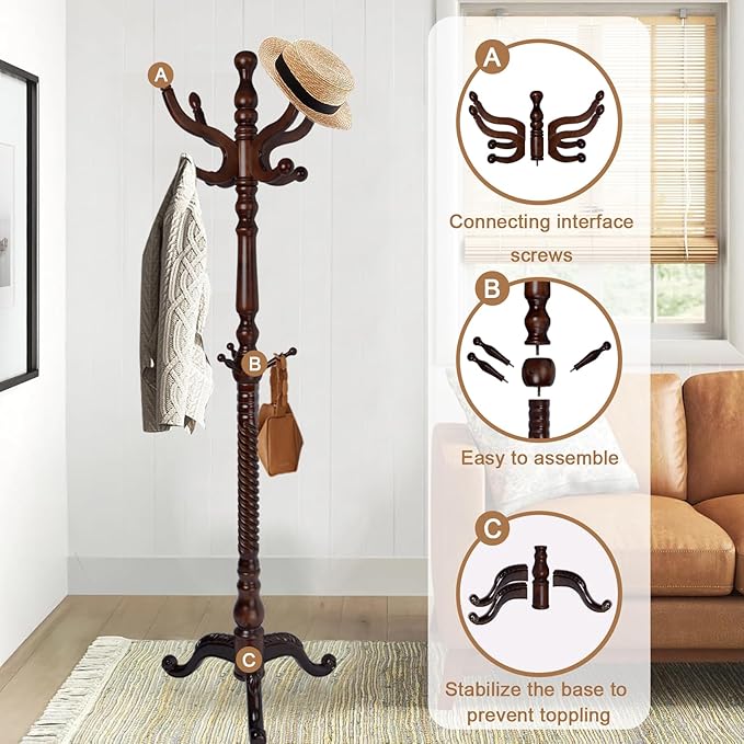 Solid Wood Coat Rack, Free Standing Hall Coat Tree with 11 Hooks, 2 Height Options, 270lbs Load, Stury Base, Clothes Rack for Entryway, Hallway, Bedroom (Tri-legged Base - Dark Brown)
