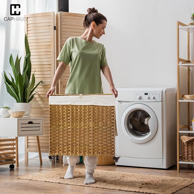 CAPHAUS Handwoven Basket w/Lid for Storage, Synthetic Rattan Laundry Hamper w/Wheels, Clothes Hamper for Laundry, Laundry Basket w/Lid, Removable Liner Bags, Mesh Bags, Pulling Strap, 140L, Grey