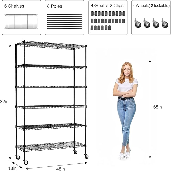 YRLLENSDAN 6 Tier Shelf Heavy Duty Metal Shelving Unit with Wheels, Adjustable Wire Storage Shelves 2100LBS Capacity, Garage Shelving for Pantry, Kitchen, Closet, Black, 18" D x 48" W x 82" H