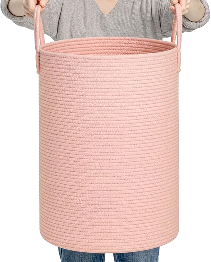 CLHMILY&Z Laundry Hamper Round Storage Rope Basket in Living Room, Bedroom, Laundry Room for Toy, Clothes, Blanket, Pillow (Pink, 60L)