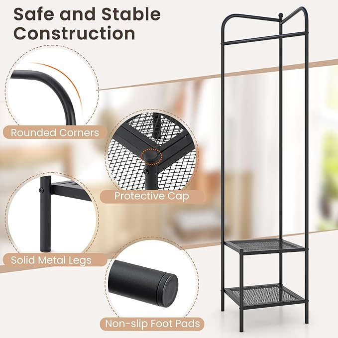 Tangkula Corner Coat Rack with Storage, Simple Hall Tree with Hanging Rod & 2 Mesh Shelves, Anti-toppling Devices, Freestanding Metal Clothes Rack Shoes Shelf Organizer for Entryway Bedroom (Black)