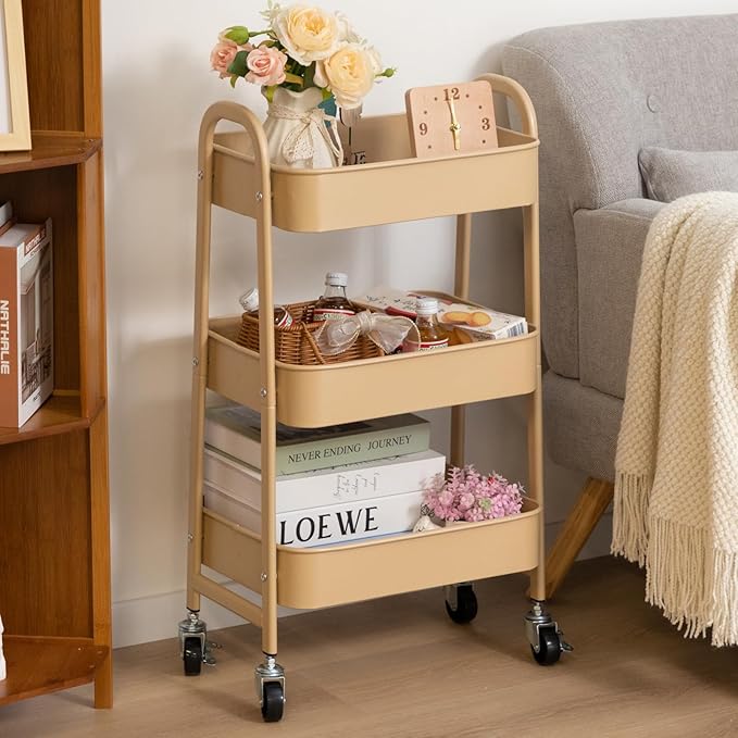 AGTEK 3 Tier Utility Rolling Cart with Lockable Wheels, Metal Multifunctional Storage, Organizer Cart for Kitchen, Office, Living Room, Makeup, Craft, Art Studio, Sand