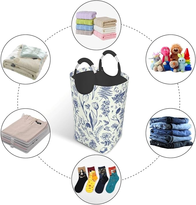 Blue Floral Laundry Basket Flowers Foldable Laundry Hamper Vintage Collapsible Laundry Baskets with Handles Clothes Hamper Laundry Tote Bag for Dorm Family Storage Bin 50L