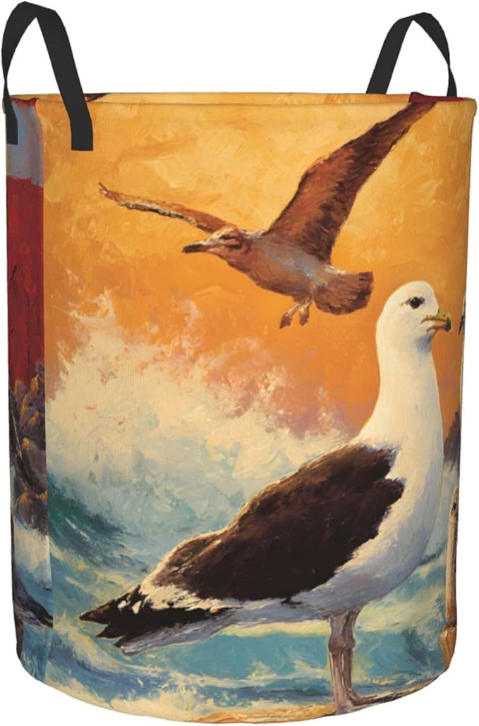 Seagull Ocean Laundry Hamper, Collapsible Storage Basket with Handles for Clothes, Bedroom, Bathroom 19.6 x15.7 Inch
