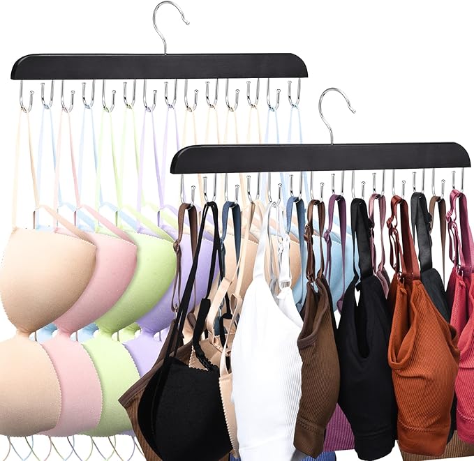 2 Pack Bra Hanger, Wooden Tank Top Hangers with 14 Foldable Hooks, Bra Hanger for Closet Organizer，Premium Wooden Space Saving Hangers Closet Organizers and Storage for Dorm & Apartment (Black)