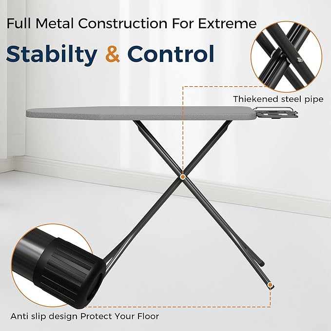 BEWISHOME Foldable Ironing Board, Compact Iron Board with 7 Adjustable Heights and Safety Iron Rest, Ironing Stand with Cover and Pad for Heat Resistance, for Laundry Room 43" X 13" Grey KYB01B