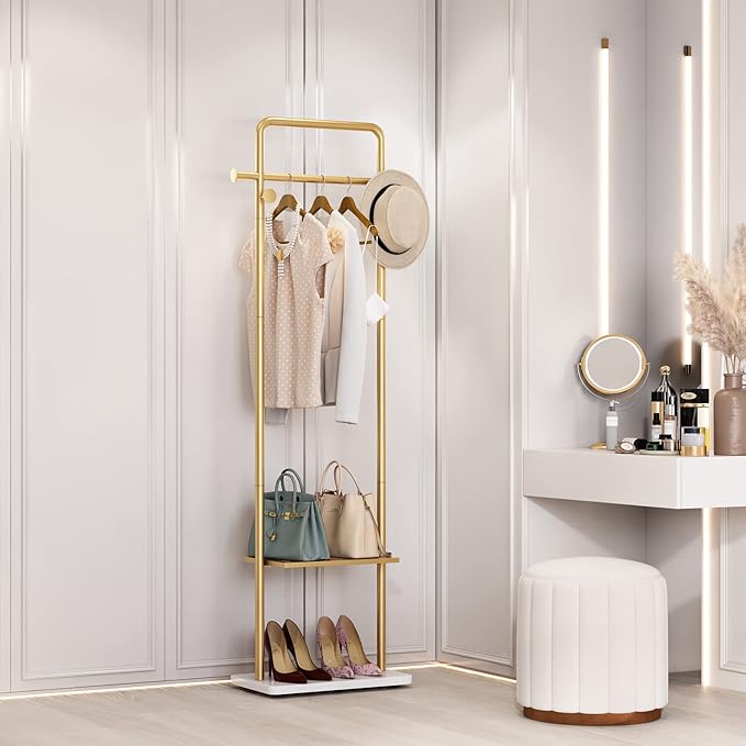 TIEOU Gold Clothes Racks with Shelf, Heavy Duty Gold Clothing Racks for Boutiques, Free-Standing Metal Garment Rack for Hanging Clothes, Modern Coat Rack Entryway