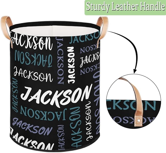 Custom Name Large Laundry-Basket for Kids-Boys-Girls, Personalized Foldable Waterproof Laundry Hamper Dirty Clothes Toys Storage Bin with Handles,Black