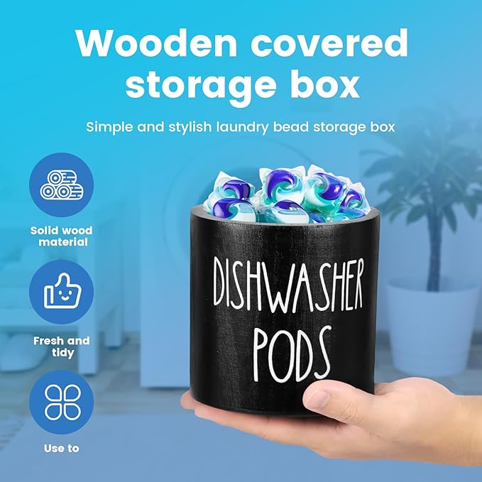 Round Dishwasher Pods Container, Wood Dishwasher Pod Holder with Lid for Kitchen Decor, Laundry Pod Container for Laundry Detergent Storage (Black)