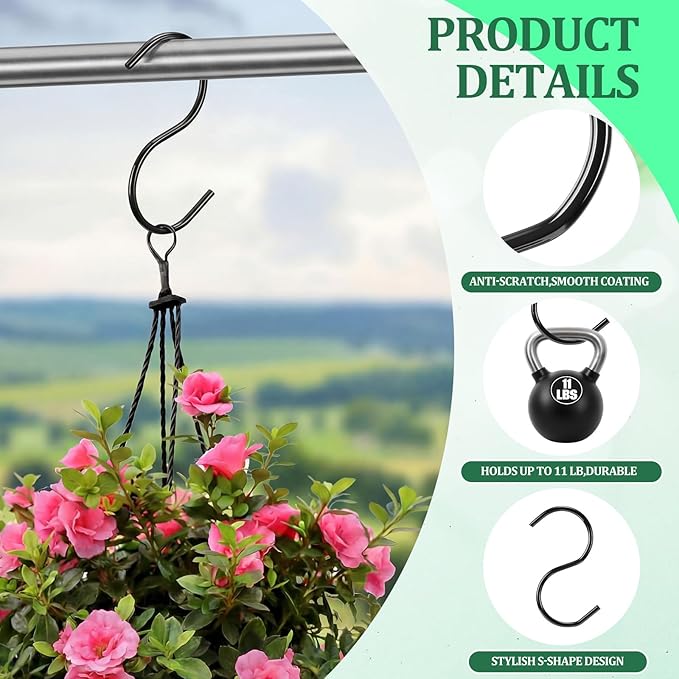 48 Pack 3.5 Inch Small S Hooks for Hanging Plants, Mini Black Metal Hangers for Kitchen Cups Mugs Utensils Jewelry DIY Crafts Vinyl Coated Non-Slip Utility Hooks