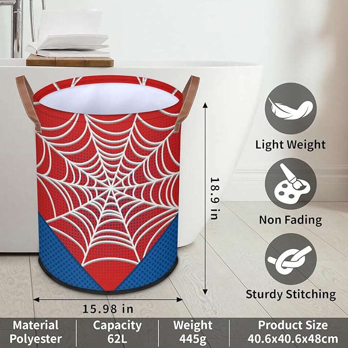 Large Laundry Hamper Basket Red Spider Web Round Collapsible Storage Organizer Bin for Kids Room, Boys, Nursery, Closet, Bedroom, Playroom, Toys, Dirty Clothes, 16"W x 20"H