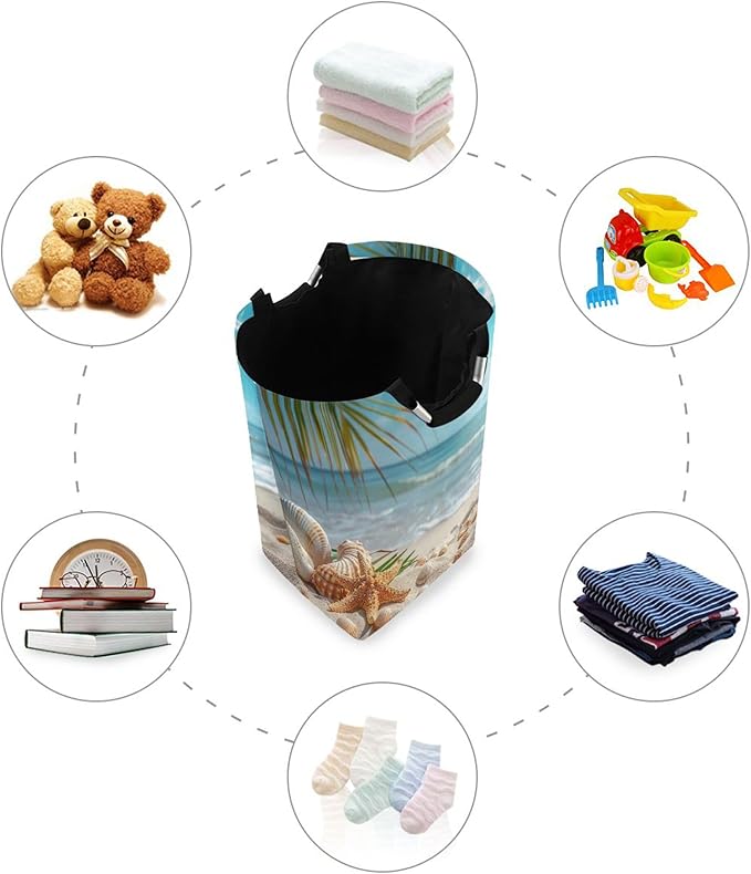 xigua Sunny Beach Scene Large Laundry Hamper with Handle, Foldable Clothes Hamper Collapsible Storage Basket for Toys and Clothes Organization in Bedroom, Bathroom, and Laundry Room