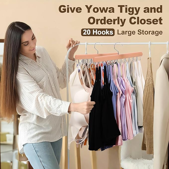 2 Pack Tank Top Hanger, 40 Hooks Large Capacity Bra Hanger, Bra Hangers for Closet Organizer & Storage, Tank Top Hangers Space Saving, Standard Hangers for Sports Bras, Tank Top (Wood, 2 Pack)