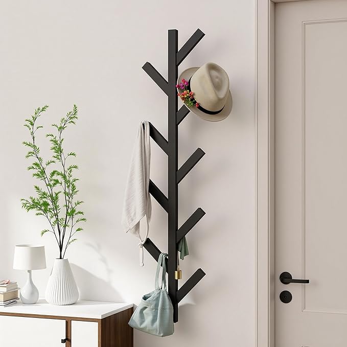 2 Pack Vertical Coat Rack Wall Mounted - 9 Hooks, Coat Hooks for Wall, Modern Metal Coat Tree for Hats, Jackets, Bags, Entryway Bedroom-Black (Height 37.8")