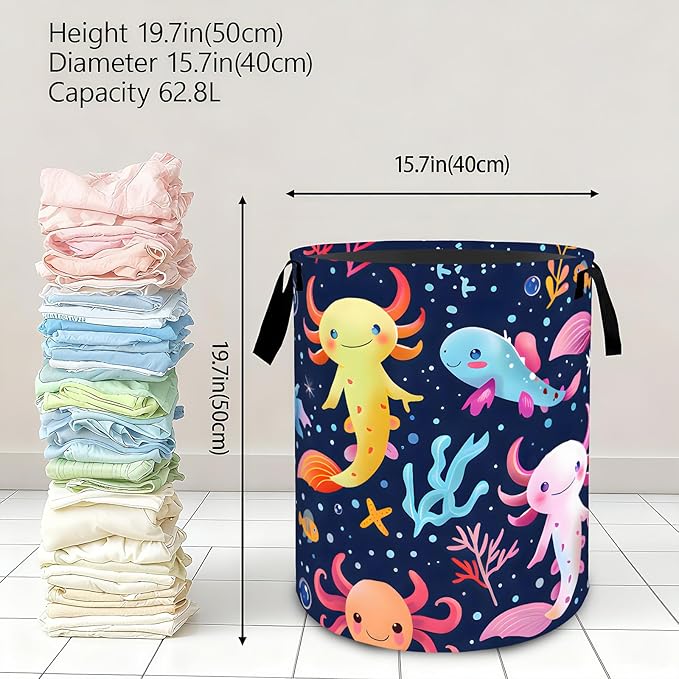 Colorful Axolotl Laundry Basket,Dirty Clothes Hamper,Underwater Marine Life Storage Bin,Ocean Lovers Gifts,Waterproof Oxford Cloth Baskets for Bathroom,Bedroom,Home Decoration(19.7" x 15.8")