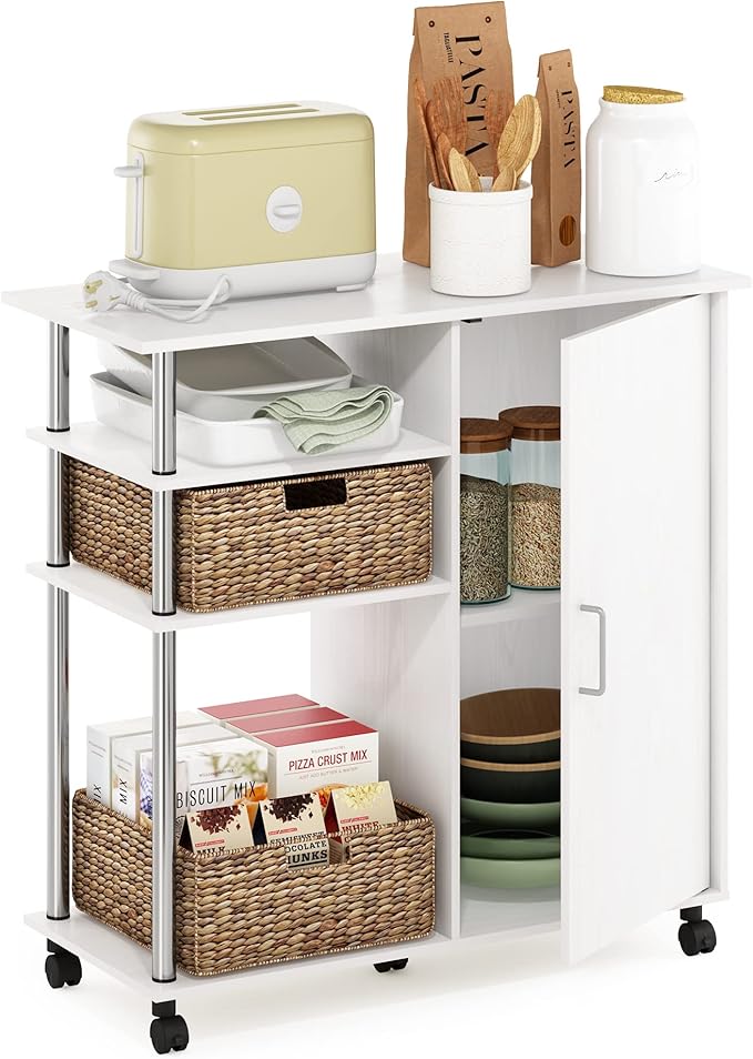 Furinno Helena Utility Kitchen Island and Storage Cart on Wheels, 4-Tier, Stainless Steel Tubes, White Oak/Chrome