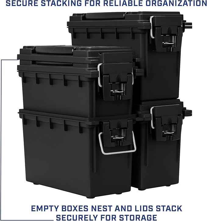 Sheffield 12790 2-Pack Ammo Storage Box, Stackable .30 Cal Field Boxes, Water and Dust Resistant, Lockable Storage Box with Handle, Secures Hunting Gear, Supplies, and Bullets, Made in USA, Black