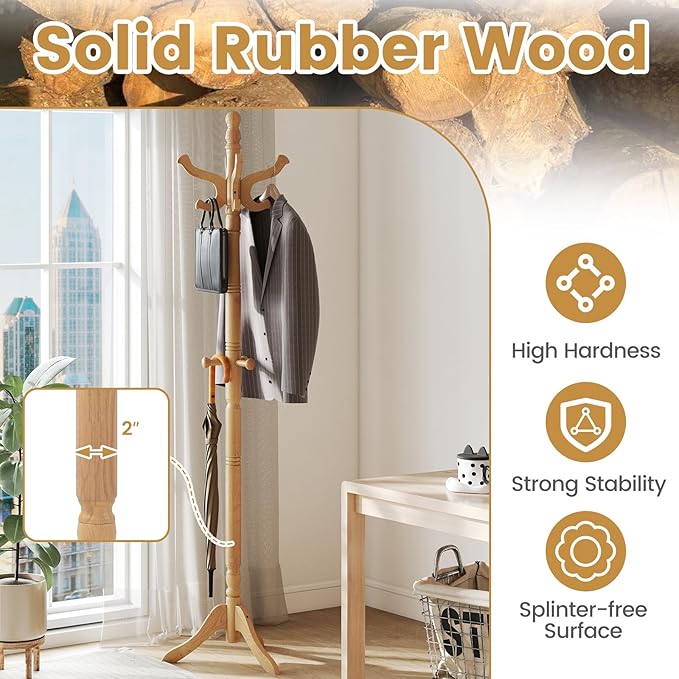Giantex Solid Wood Coat Rack, Freestanding Hall Tree with 3 Adjustable Heights and 11 Hooks, Rubber Wood Frame, Entryway Hanger Stand, Wooden Garment Rack for Hallway, Living Room (Natural)