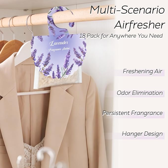 18 Pack Lavender Scented Sachet Bags for Drawer and Closet - Air Fresheners for Closet, Long-Lasting Hanging Fragrance Sachet for Wardrobes, Cars, Storage, Deodorizer Smell Goods for House