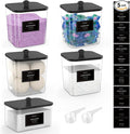 4+1 Pack Clear Laundry Pods Container & Dryer Sheet Holder, Plastic Square Laundry Room Organization and Storage Jars with Black Lids, Scoops & Labels for Detergent, Powder, Dryer Balls