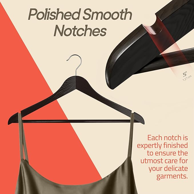 Brown Wooden Hangers 100 Pack – Heavy-Duty with 360° Swivel Hook, Non-Slip, Pants Bar & Shoulder Grooves - Wooden Hangers for Suits, Jackets, Dresses & Camisoles, Space-Saving and Smooth Finish