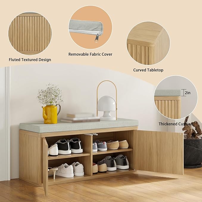 Double Layered Shoe Cabinet with Bench,Wooden Shoe Bench with Soft Cushion,Double Door without Handle Pressing Spring,Fluted Panel,Suitable for Entrance,Corridor and Living Room (Shoe Bench-Light Oak)