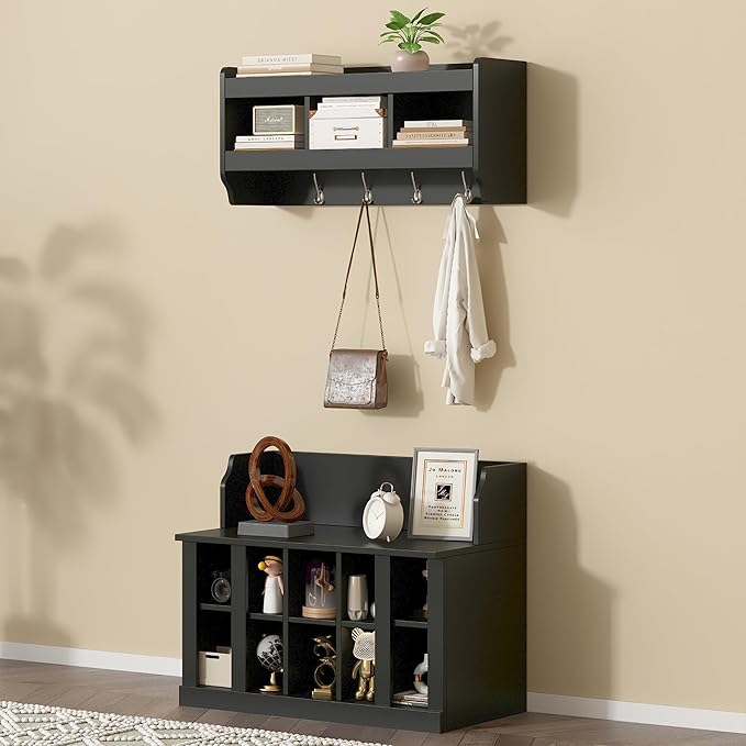 Multi-Functional Hall Tree with Wall Mounted Coat Rack, Shoe Storage Bench with Shelves and 4 Hooks, Entryway Organizer for Hallway, Foyer, Mudroom, Living Room (Black-52s)