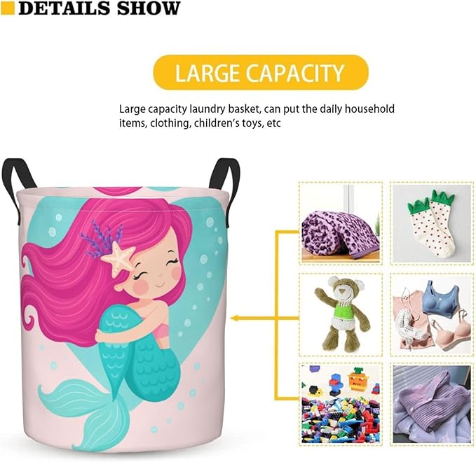 Dujiea Mermaid Girl Laundry Basket Round with Handle, Collapsible Foldable Canvas Storage Bin Dirty Clothes Bag for Laundry/Toys Organizer/College Dorm/Nursery/Decor(2 Sizes)