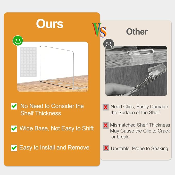Shelf Dividers for Closet Organization: 10" Tall x 16" Deep, Deeper Adhesive Separators Features Acrylic Material and Provides Storage for Clothes and Sweater in Bedroom Cabinets(6-Pack)