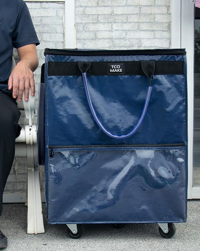 (Large, Dk Blue) Reusable Grocery Bag on Wheels, Shopping Bags with Wheels and Handle, Folding Rolling Tote, Zipper Cover, Carries Up to 76 LBS, for Laundry, Picnic