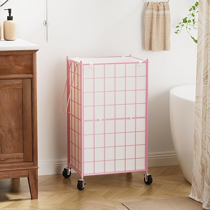 WOWLIVE Laundry Hamper with Wheels,Metal Wire Frame Rolling Laundry Basket with Removable bag,100L Dirty Clothes Hamper Organizer Dorm Room Storage for Bedroom,Bathroom,Pink