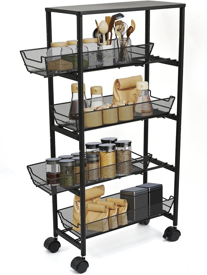 IBERG 5-Tier Slim Storage Cart with Wheels, Rolling Utility Cart with 4 Pull-Out Mesh Baskets for Kitchen, Bathroom & Laundry (Black)