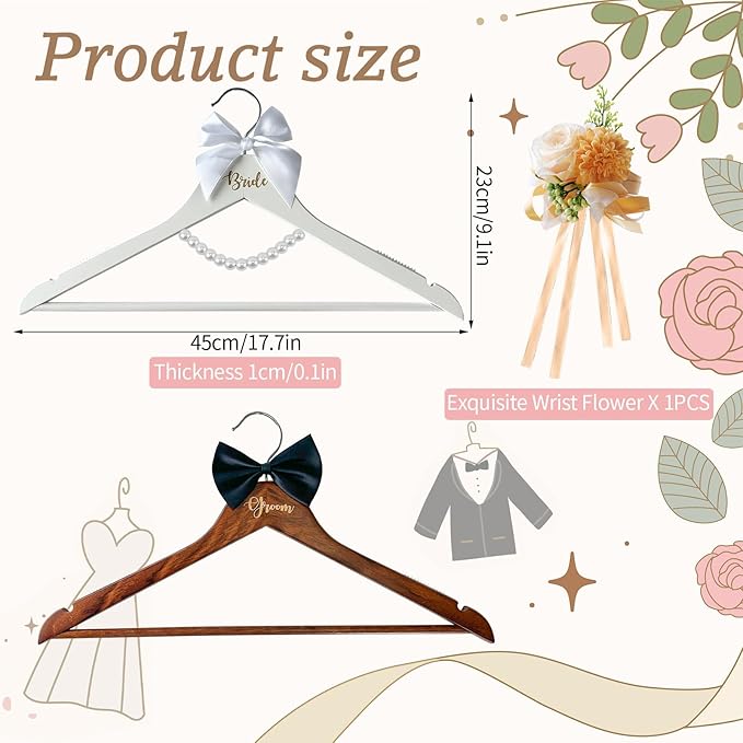 2 Pack Wedding Hangers Gifts Accessories, Groom Bride Hanger for Wedding Dress or Suit, Bridal Hanger with Bow Tie & Exquisite Wrist Flower and Pearl for Bridal Party