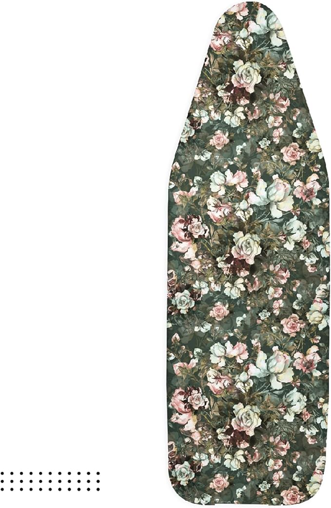 Encasa XO Ironing Board Cover and Pad - Thick 4mm Felt, Heat & Scorch-Resistant, Fits Standard Large Boards 54"x15", Elastic Bungee Cord Tightening, Easy Fit, Stain-Safe Dye, Green Roses