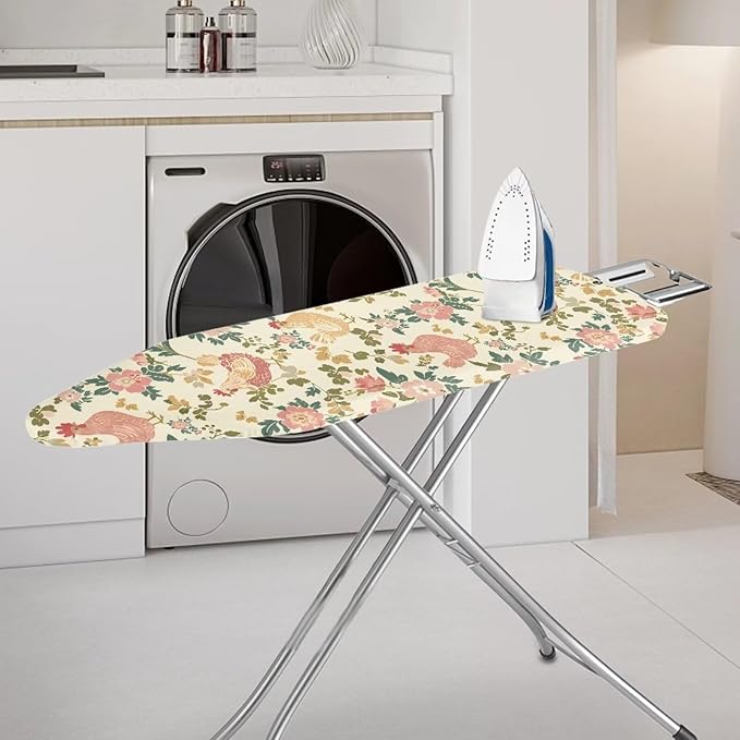 Rooster Chicken Flowers Standard Size Iron Pad Covers Tolerates High Temperature Anti-Dirty Ironing Board Replacement Cover with Hook and Loop Fastener Strap