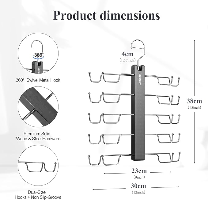 HOUSE DAY Tank Top Hanger, Dual-Row 5 Tier Space Saving Bra Hanger, Premium Lotus Wood Non-Slip Hangers with 360° Swivel Hooks, Closet Organizer for Sports Bras & Tank Tops, Cami (Black 1 Pack)