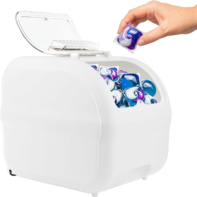 Skywin TidyFriend Laundry Pods Container with Acrylic Lift Up Lid, 9.8" x 7.3" x 6.3", Airtight Storage Keeps Pods Fresh, Laundry Detergent Container & Dishwasher Pod Holder (White)