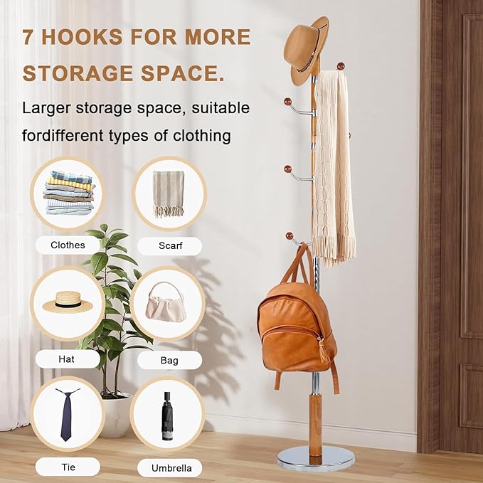 Solid Wood Coat Rack, Free Standing Hall Coat Tree with 6 Hooks, 3 Height Options, 180lbs Load, Stury Base, Clothes Rack for Entryway, Hallway, Bedroom (Disc Base - Cherry Swivel Hook)