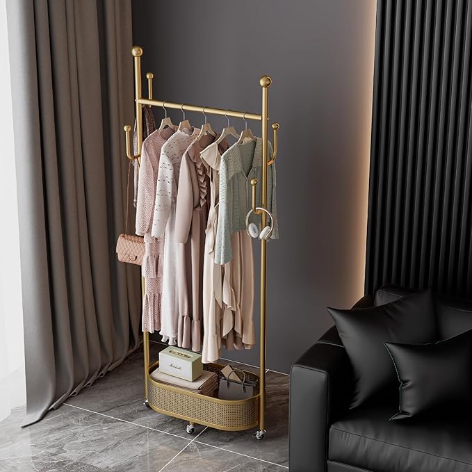 Multifunctional coat rack with storage basket 360° movable rotation｜Bedroom and living room storage artifact｜Hanging clothes/hats/bags/scarves｜Space-saving and stylish home｜Home essential