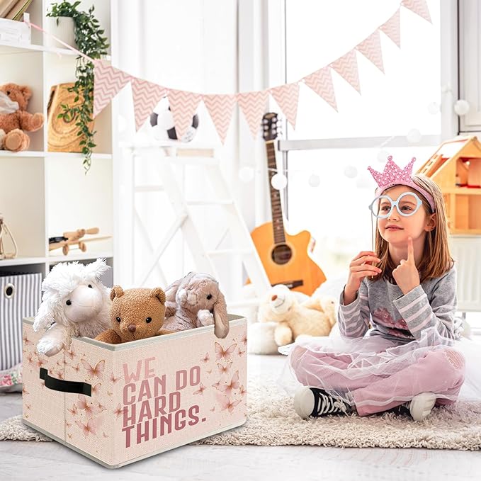 Pink Butterfly Inspirational Quote Storage Bin Box with Handles, We Can Do Hard Things Foldable Organizer Basket Toybox for Girls Room Nursery Bedroom Bathroom Clothes Toys Books