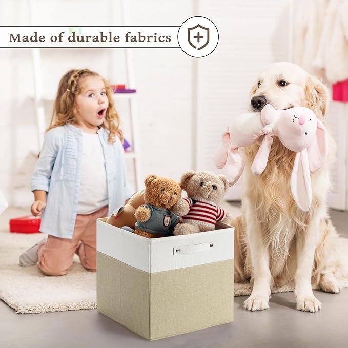 13 x 13 Inch Fine Linen Storage Bins with Handles，Fabric Cube Boxs，Basket Organizers for Shelves for Home, Closet Drawers (White/Khaki-6 Pack)