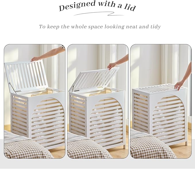 Laundry Hamper with Lid, Bamboo Clothes Laundry Basket with Handles, Removable 2-Section Liner bag, Hampers for Bedroom Aesthetic, Large Storage for Bath Towel, Sheets or Toys, Home (White)