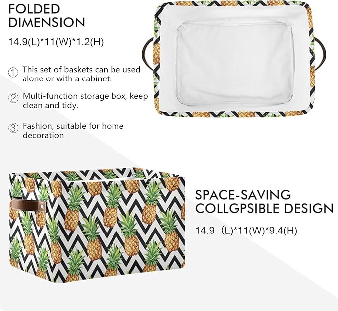 Pineapple Pattern Storage Basket Bin, Large Cube Storage Box Canvas Collapsible Storage Organizer for Home Office Closet, 2PCS - 15 L x 11 W x 9.5 H