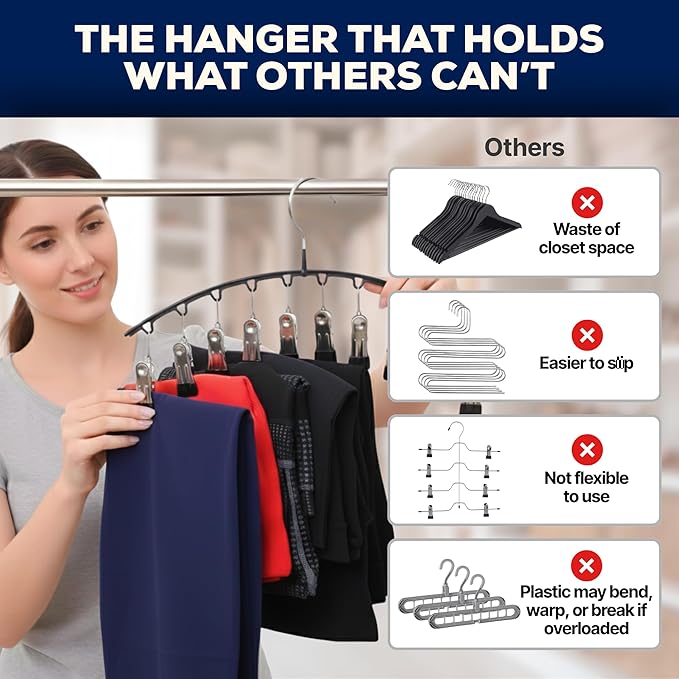 Leggings Organizer for Closet Hanging Space Saving Legging Hangers with Multiple Clips, Curved Hanger for Leggings, Yoga Pants & Shorts, Closet Organizer Hanger | 2 Pack Legging Hangers