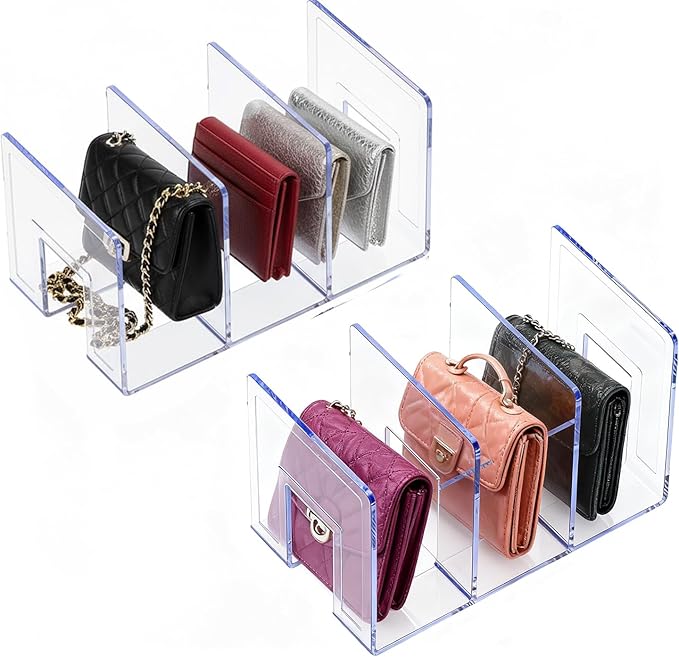 YAGELI Clear Acrylic Purse/Handbag Organizer - 3 Sections Divider for Closet Storage - Sturdy Organizer Rack for Purses, Handbags, and Clutches(2Pack-3Sections)