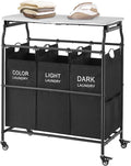 Hoctieon 3 Section Laundry Sorter Cart with Ironing Board, Laundry Hamper with Shelf and Rolling Wheels, Heavy Duty Laundry Basket Organizer, Large Clothes Separator Hamper with Removable Bags, Black