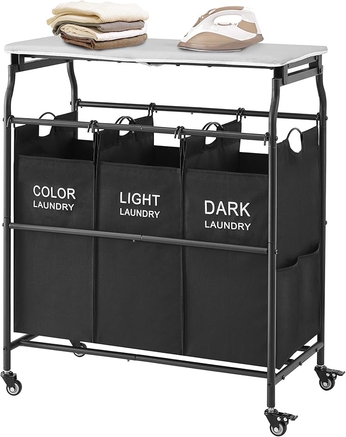 Hoctieon 3 Section Laundry Sorter Cart with Ironing Board, Laundry Hamper with Shelf and Rolling Wheels, Heavy Duty Laundry Basket Organizer, Large Clothes Separator Hamper with Removable Bags, Black