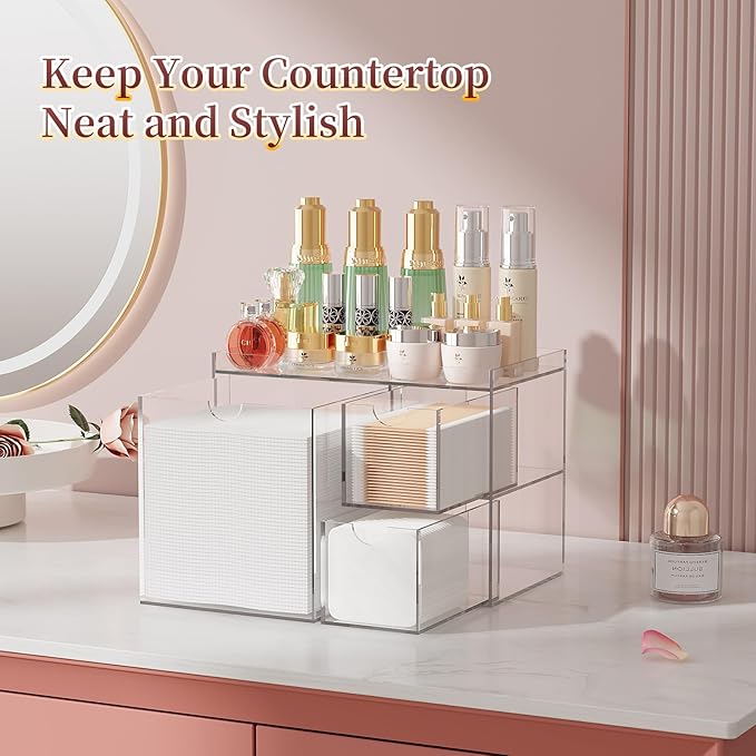 Youdepot Acrylic Face Towel Holder with Drawer – 4-Layer Disposable Face Towel Holder Organizer Box – Bathroom Countertop Storage for Cotton Pads, Swabs, and Skincare(Clear)
