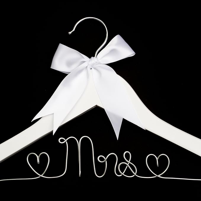 Ella Celebration Mrs Wedding Dress Hanger, Wood and Wire Hangers for Bride (White with Silver Wire)