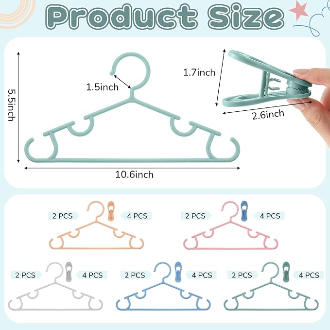 Hsei 5/10/40 Pack Baby Hangers with 10/20/80 Clips, Plastic Kids Pants Hangers for Nursery Closet Top and Bottom Clothes Hanger Set for Newborn Infant Toddler(30 Packs Total,Morandi Color,10.6 Inch)